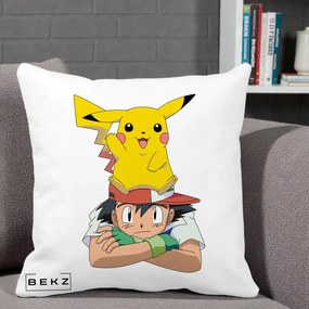 Perna Personalizata Ash si Pikachu, 40x40 cm, Alba Mata, Husa Detasabila, Perna Inclusa, BEKZ®