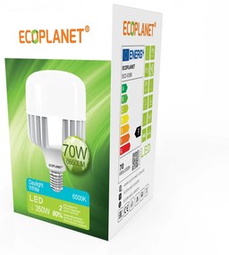Bec LED Ecoplanet T140 forma cilindrica, E27, 70W (350W), 6650 LM, F, lumina rece 6500K, Mat Lumina rece - 6500K, 1 buc
