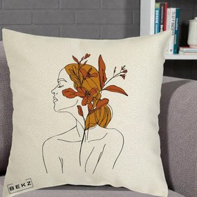 Perna Decorativa Portret Feminin Crin Ruginiu Auriu, 40x40 cm, Ecru, Husa Detasabila, Perna Inclusa, BEKZ®