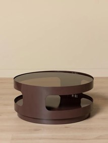 Măsuță de cafea din sticlă și metal, rotundă, cu structură cilindrică și decupaje laterale, maro antichizat, finisaj mat, 70×32 cm, „Onyru"
