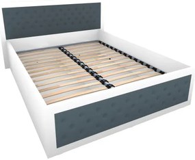 Pat Torino 140x200 cm cu somiera metalica rabatabila si lada, Alb / Piele ecologica gri