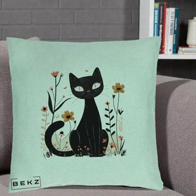 Perna Decorativa Pisica Neagra Flori Pastel Folk, 40x40 cm, Verde Menta, Husa Detasabila, Perna Inclusa, BEKZ®
