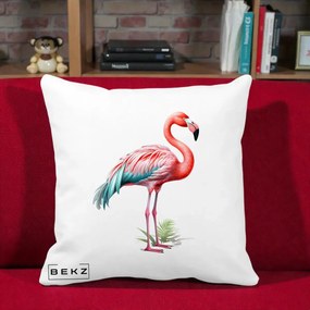 Perna Decorativa Flamingo Roz cu Pene Teal, 40x40 cm, Alba Mata, Husa Detasabila, Perna Inclusa, BEKZ®