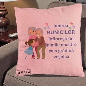 Cadou pentru Bunici - Perna Personalizata Bunicii Iubirea Infloreste Bunici cu Nepoata Colorat, 40x40 cm, Roz, Husa Detasabila, Perna Inclusa, BEKZ®