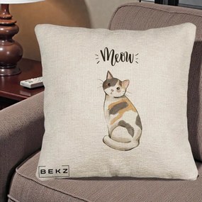 Perna Personalizata Pisica Meow Acuarela, 40x40 cm, Bej Canapea, Husa Detasabila, Perna Inclusa, BEKZ®