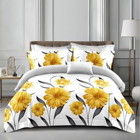 Lenjerie pat dublu cu două feţe  4 piese  Bumbac Satinat Superior  Galben  flori