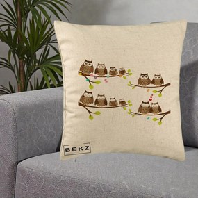 Perna Decorativa Familie de Bufnite pe Ramuri, 40x40 cm, Bej, Husa Detasabila, Perna Inclusa, BEKZ®