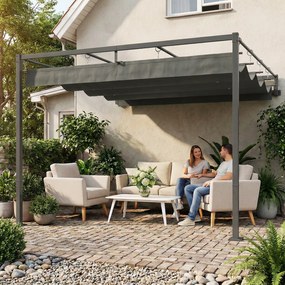 Outsunny Pergolă montată 3x3 m cu acoperiș retractabil glisant, guri de drenaj, pergolă de grădină din poliester și oțel, pentru terasă, curte, exterior, UV30+, Gri Închis | Aosom Romania