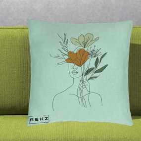 Perna Decorativa Portret Feminin Coroana Florala, 40x40 cm, Verde Menta, Husa Detasabila, Perna Inclusa, BEKZ®