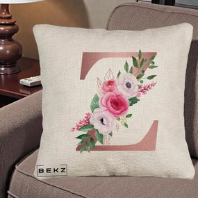 Cadou Personalizat - Perna Personalizata Monograma Rose Gold Litera Z, 40x40 cm, Bej Canapea, Husa Detasabila, Perna Inclusa, BEKZ®