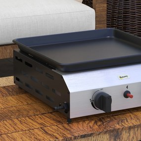 Outsunny Plancha gaz din oțel inoxidabil emailat 2 arzătoare 4,8 kW antiaderentă suprafață mare de gătit 40L x 34l cm, transportabilă | Aosom Romania
