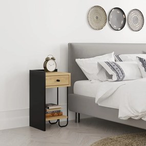 Noptieră neagră/în culoare naturală cu rafturi cu aspect de lemn de stejar Mercure – Marckeric