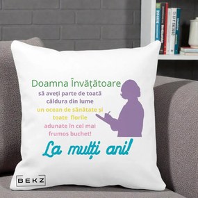 Cadou pentru Invatatoare - Perna Personalizata Doamna Invatatore La Multi Ani cu Silueta si Text Colorat, 40x40 cm, Alba Mata, Husa Detasabila, Perna Inclusa, BEKZ®