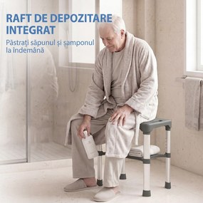 HOMCOM Scaun de Duș din Aluminiu cu Raft Integrat, Înălțime Reglabilă pe 5 Niveluri, Suport 150kg, Gri | Aosom Romania