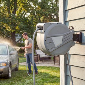 Outsunny Tambur Furtun pentru Udat Montat pe Perete 20+1,6m x Ø 15mm, Tambur Furtun Retractabil Automat Pivotant la 180°, Gri | Aosom Romania