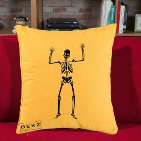 Perna Decorativa Halloween Schelet Dansator, 40x40 cm, Galben, Husa Detasabila, Perna Inclusa, BEKZ®