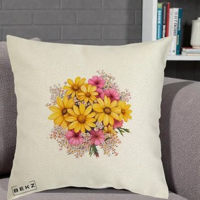 Perna Decorativa Floarea-Soarelui cu Cosmos Roz si Gypsophila, 40x40 cm, Ecru, Husa Detasabila, Perna Inclusa, BEKZ®