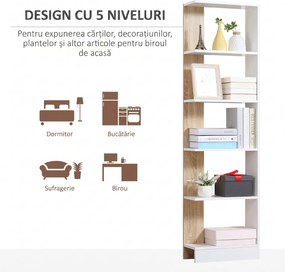 HOMCOM Bibliotecă de Perete cu 5 Rafturi și Dispozitiv Anti-Răsturnare din PAL 45x21x170 cm Alb Stejar | Aosom Romania