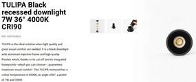 Spot LED incastrabil TULIPA Black recessed downlight 7W 36° 4000K CRI90