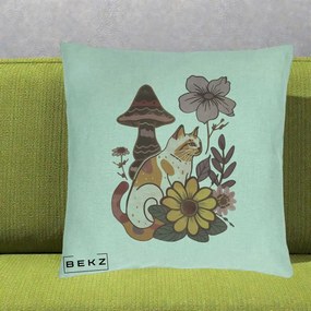 Perna Decorativa Pisica Vintage Florala Boho, 40x40 cm, Verde Menta, Husa Detasabila, Perna Inclusa, BEKZ®