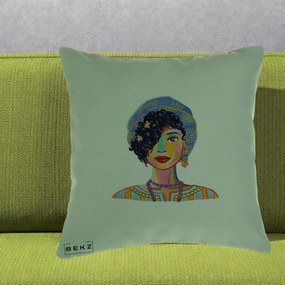 Perna Decorativa Portret Femeie Etnic Colorat, 40x40 cm, Verde, Husa Detasabila, Perna Inclusa, BEKZ®