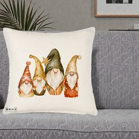 Perna Decorativa Gnomi de Craciun Patru, 40x40 cm, Crem Reliefat, Husa Detasabila, Perna Inclusa, BEKZ®