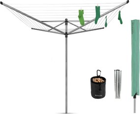 Suport exterior Brabantia Lift-O-Matic 1003466, 50 m, înălțime reglabilă, țeapă metalică pentru fixare în pământ, husă, sac cu agrafe, rezistent la coroziune, oțel inoxidabil
