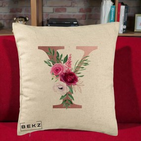 Cadou Personalizat - Perna Personalizata Monograma Rose Gold Litera Y, 40x40 cm, Bej, Husa Detasabila, Perna Inclusa, BEKZ®