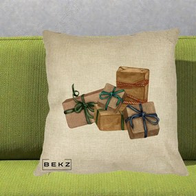 Perna Decorativa Cadouri de Craciun Kraft, 40x40 cm, Crem, Husa Detasabila, Perna Inclusa, BEKZ®