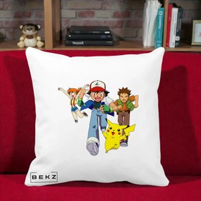 Perna Personalizata Pokemon Ash Misty Brock si Pikachu, 40x40 cm, Alba Mata, Husa Detasabila, Perna Inclusa, BEKZ®