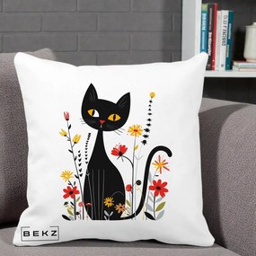 Perna Decorativa Pisica Neagra Ochi Galbeni Flori, 40x40 cm, Alba Mata, Husa Detasabila, Perna Inclusa, BEKZ®