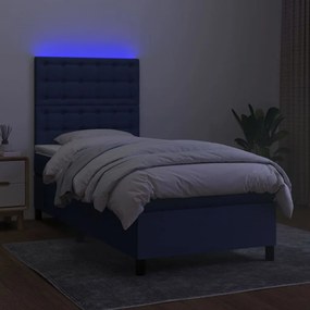 Pat cu arcuri, saltea si LED, albastru, 90x190 cm, textil Albastru, 90 x 190 cm, Nasturi de tapiterie