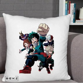 Perna Personalizata My Hero Academia Izuku Deku si Echipa, 40x40 cm, Alb Pufos, Husa Detasabila, Perna Inclusa, BEKZ®