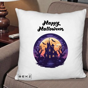 Perna Decorativa Happy Halloween Casa Bantuita Violet, 40x40 cm, Alb Pufos, Husa Detasabila, Perna Inclusa, BEKZ®