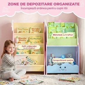 AIYAPLAY Bibliotecă Copii 3-în-1, 4 Compartimente, 3 Rafturi, Noptieră pentru Cameră, Roz. | Aosom Romania