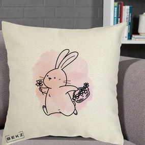Perna Decorativa Iepuras Kawaii cu Cosulet Floral, 40x40 cm, Ecru, Husa Detasabila, Perna Inclusa, BEKZ®
