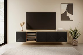 Comodă TV suspendată Asha 200 cm, partea frontală riflat și nișă – stejar artisan / negru mat