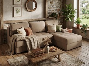 Coltar extensibil de colt VENORIA SLIM, bej, reversibil, 200x143 cm + 2 perne GRATUIT