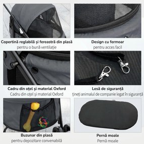 PawHut Cărucior Pliabil pentru Câini cu Acoperiș Reglabil, Geantă și 2 Lese, 82x47x97 cm, Gri | Aosom Romania