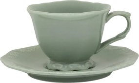 Cească cu farfurioară din porțelan verde mentă, D9.5 cm, model dantelă în relief, „Provence"