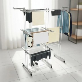 Uscător de rufe Kinghoff KH 2044, 30 m, până la 30 kg, 3 niveluri, roți, oțel, alb/gri