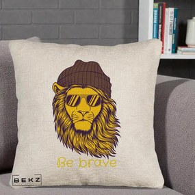 Perna Decorativa Leu Hipster Be Brave, 40x40 cm, Bej Canapea, Husa Detasabila, Perna Inclusa, BEKZ®