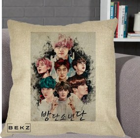 Perna Personalizata K-pop BTS Bangtan Boys Poster Artistic Negru Alb, 40x40 cm, Crem, Husa Detasabila, Perna Inclusa, BEKZ®