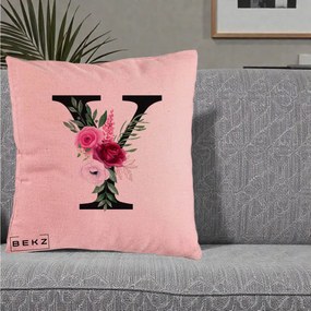 Cadou Personalizat - Perna Personalizata Monograma Florala Litera Y cu Buchet, 40x40 cm, Roz, Husa Detasabila, Perna Inclusa, BEKZ®