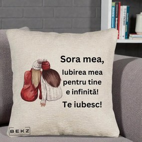 Cadou pentru Sora - Perna Personalizata Sora Mea Te Iubesc Doua Fete Iarna Acuarela, 40x40 cm, Bej Canapea, Husa Detasabila, Perna Inclusa, BEKZ®