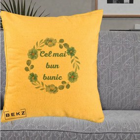 Cadou pentru Bunic - Perna Personalizata Cel Mai Bun Bunic Coronita Flori Albastre Teal, 40x40 cm, Galben, Husa Detasabila, Perna Inclusa, BEKZ®