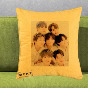Perna Personalizata K-pop BTS Foto Grup Fete Albe, 40x40 cm, Galben, Husa Detasabila, Perna Inclusa, BEKZ®
