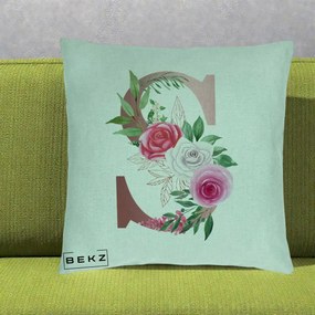 Cadou Personalizat - Perna Personalizata Monograma Rose Gold Litera S, 40x40 cm, Verde Menta, Husa Detasabila, Perna Inclusa, BEKZ®