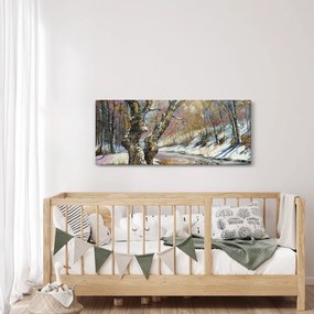 Tablou cu peisaj de iarnă pictat (120x50 cm)