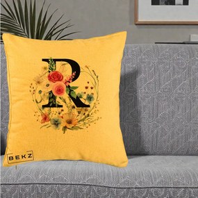 Cadou Personalizat - Perna Personalizata Monogram Litera R cu Flori Acuarela, 40x40 cm, Galben, Husa Detasabila, Perna Inclusa, BEKZ®